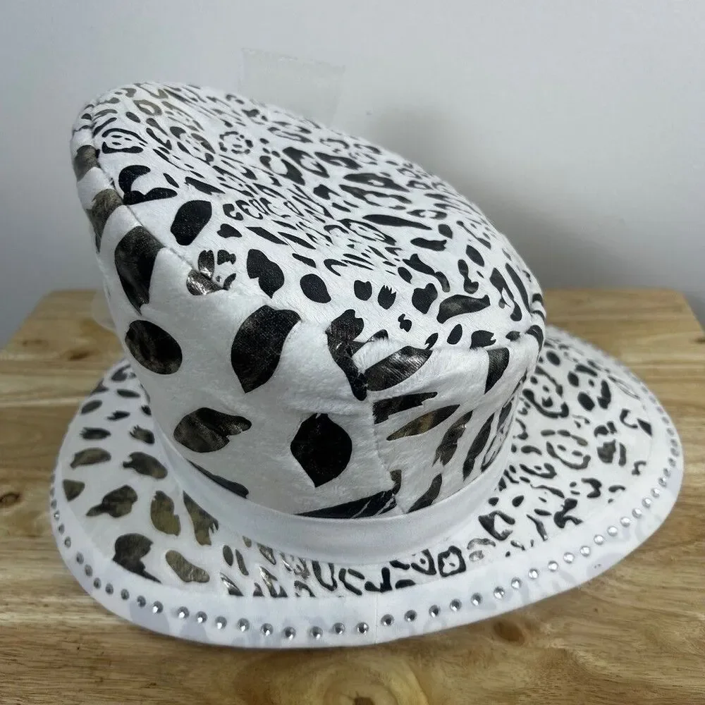 Unbranded Leopard Print Bucket Hat White Gold Metallic Rhinestone Bow One Size